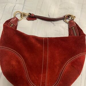 Coach Red Suede Shoulder Bag with Gold Accents